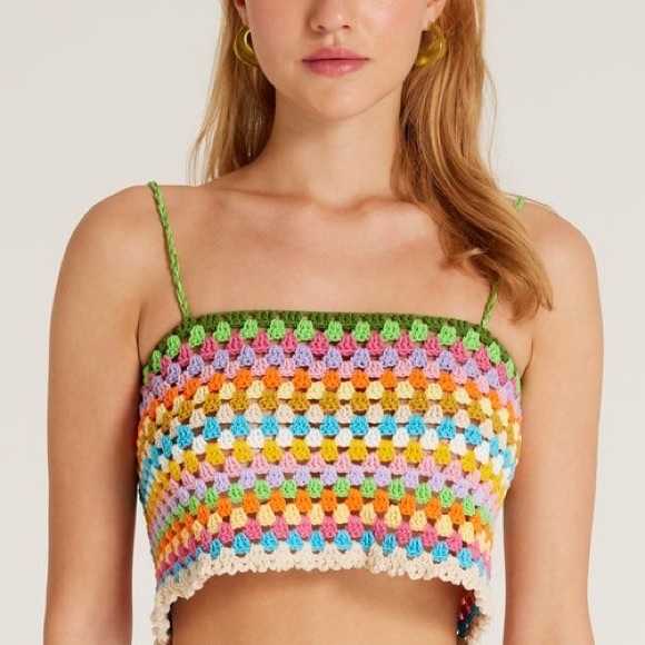 New Society Mano x Free People Colorful June M Green Crochet Handmade Crop Tank - Picture 3 of 14
